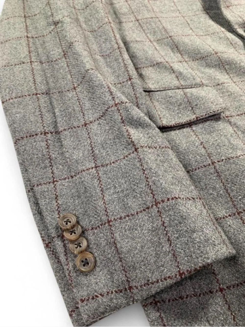 Jack Victor Wool and Cashmere Grey and Burgundy Windowpane Men's Blazer Size 42L